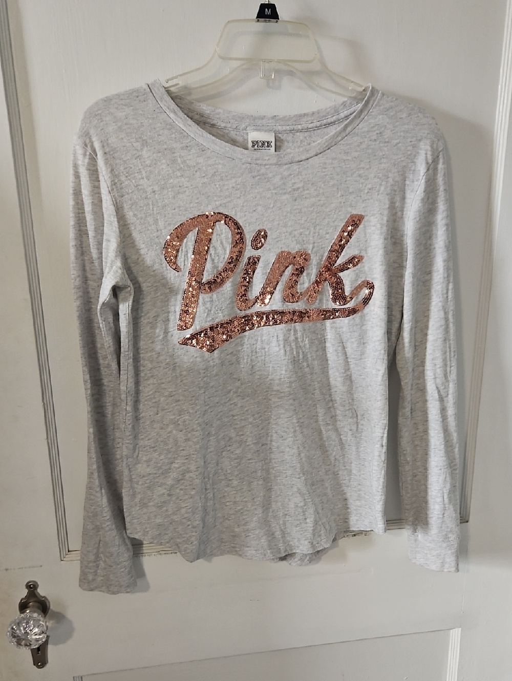 PINK Victoria's Secret Light Gray Long Sleeve Top with Rose Gold Sequin Logo
